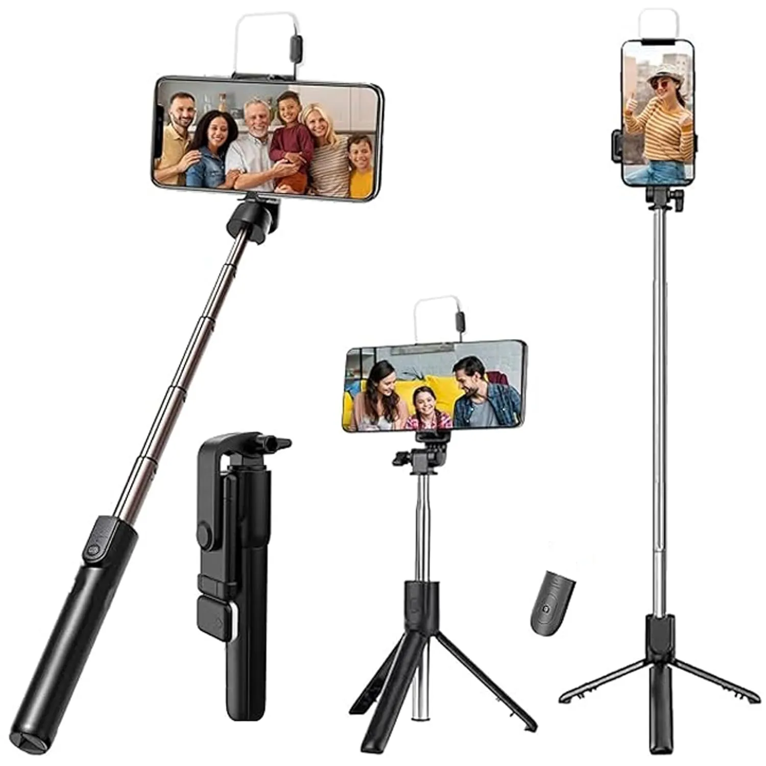 Selfie Stick with Tripod Stand, 3 in 1 Multifunctional Design, Rechargeable LED Ring Light with Two Brightness Levels for Makeup, Selfie, Vlogging & Photo Shoot, with Bluetooth Remote